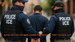Two ICE officers escort a handcuffed Hispanic man on a blurred Oakland street—header for FTCA injury-claims guide.