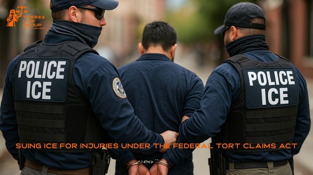 Two ICE officers escort a handcuffed Hispanic man on a blurred Oakland street—header for FTCA injury-claims guide.